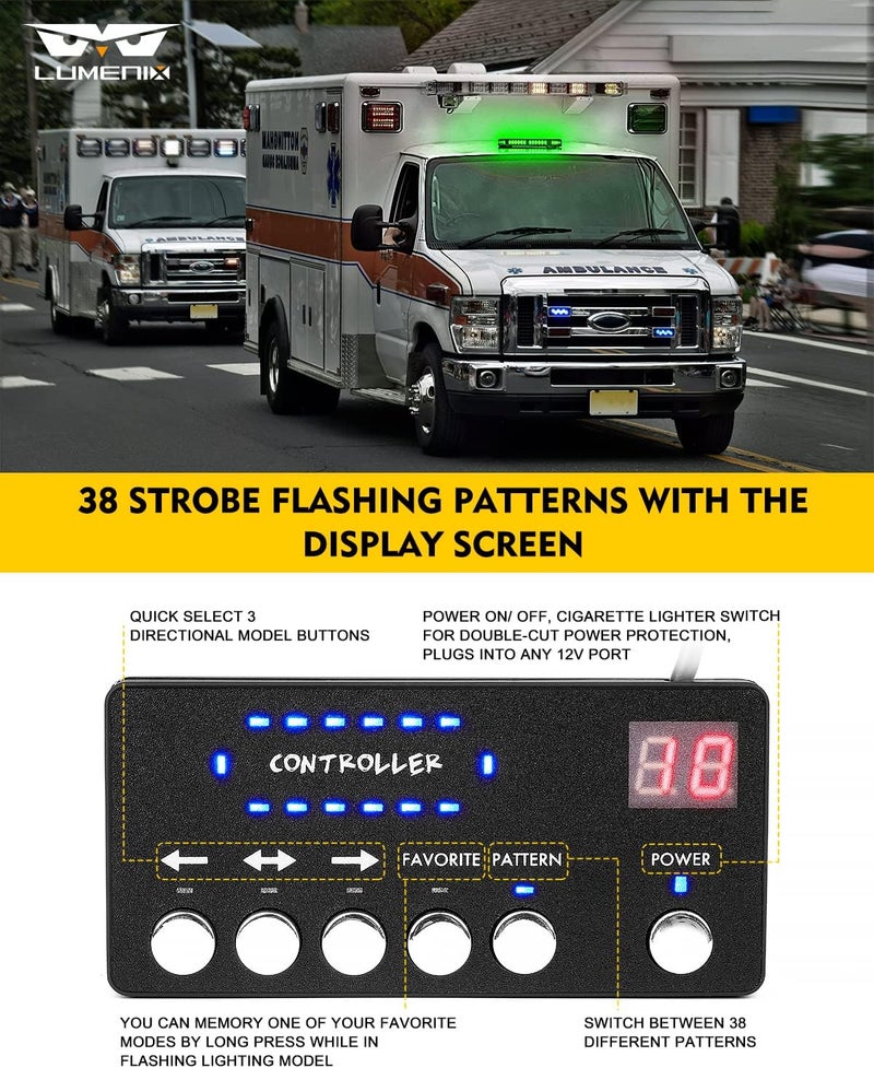 LUMENIX LED Rooftop Strobe Beacon Lights Bar w/Controller Magnetic Emergency Traffic Warning Safety Caution Flashing Light for Law Enforcement Vehicles Trucks Snowplow Cars - Green (Patent Design) - Image 3